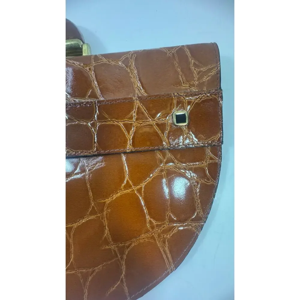 VTG Andrew Geller Handbag Croc Embossed Leather Brown Handbag Brass
